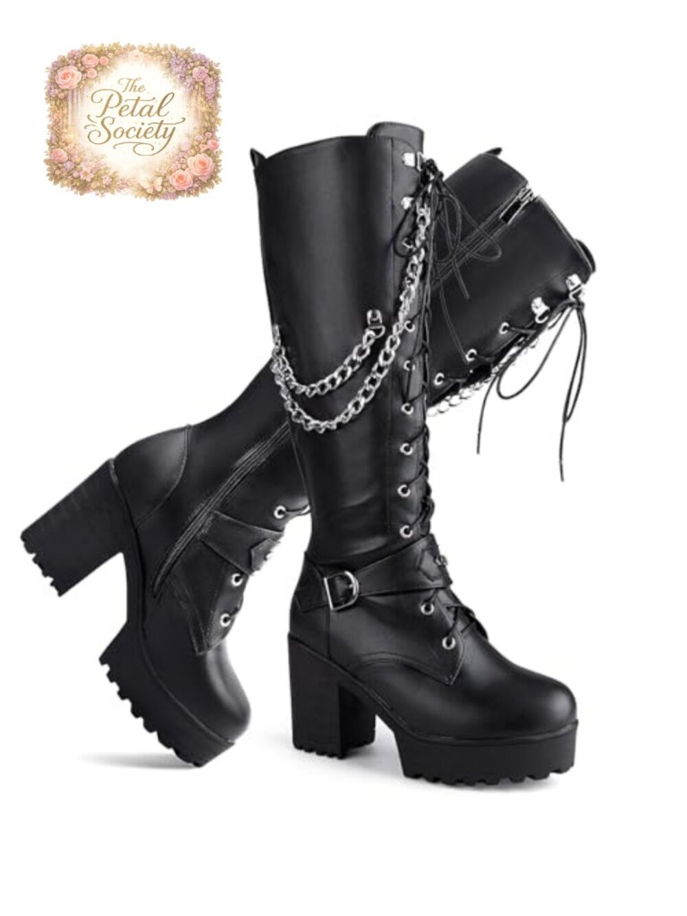Women's Knee High Platform Combat Boots Lace Up Synthetic Leather